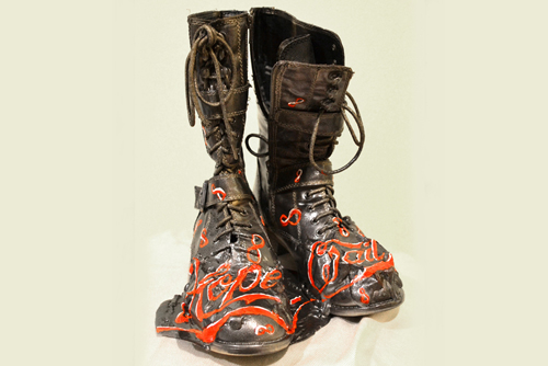 Muddy Boots, found object sculpture, 12x8x4 inches, 2016