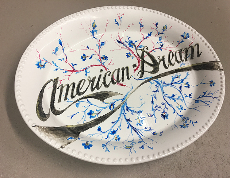 American Dreams, enamel paint on porcelain, 12x14x3 inches