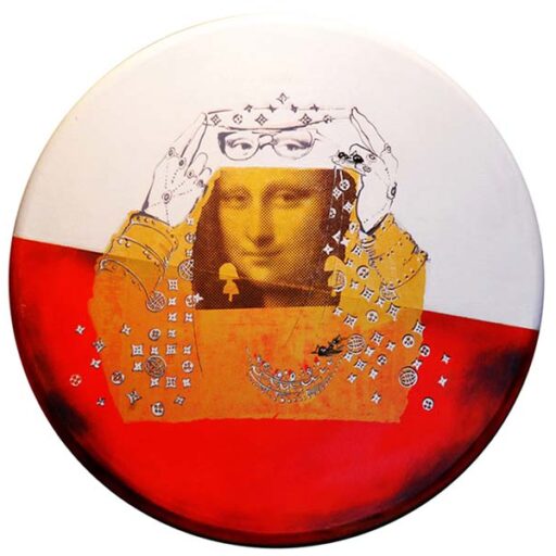 A painting of mona lisa with jewels around it.