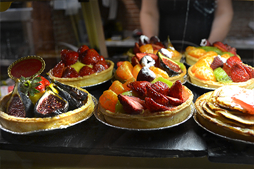 Dessert is a healthy fruit tart in the many pastry shops in Madrid, Spain