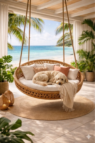 river stone sofa, ai visual lookbook, indoor swing